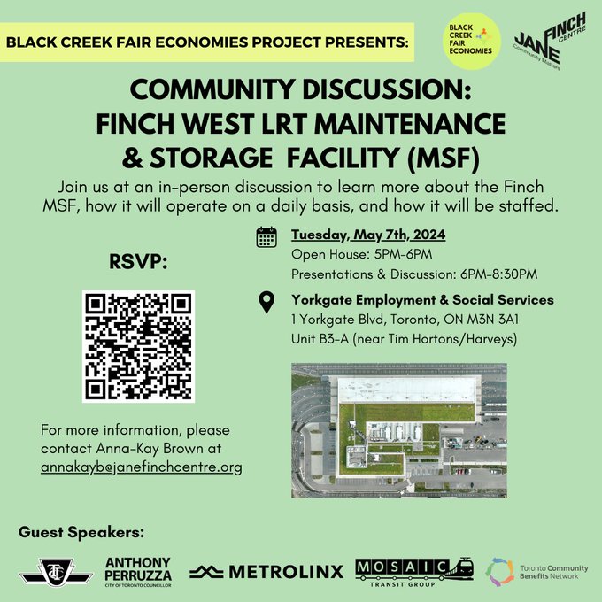 On May 7th join a community discussion on the new Finch West LRT Maintenance and Storage Facility! Learn about operations, staffing, and partners involved. 

🗓️ May 7th
🕒 Open House: 5-6 PM
🕕 Presentation &amp; Discussion: 6-8:30 PM
📍 Yorkgate Employment &amp; Social Services