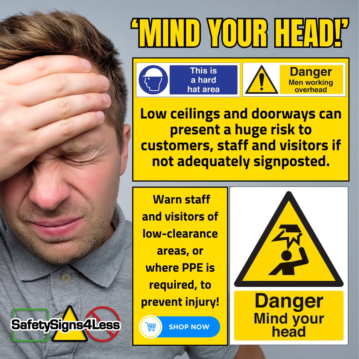 SafetySigns4Les's tweet photo. 20% of all injuries whether fatal or non-fatal in the UK since 2013 are head-related (Headway).
So take action now and browse our full range of 'Mind Your Head' signs today --> https://t.co/KvyKMM73A0
#SafetySigns4Less #mindyourhead #headinjuries #concussion #safetysigns #signs https://t.co/6h1VCg6TgF