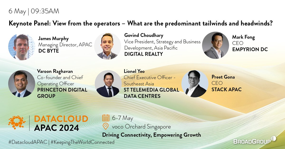 BroadGroup_Intl's tweet image. Keynote Panel: View from the operators – What are the predominant tailwinds and headwinds? 🔛 

Register today at: lnkd.in/e4UQqEnR

#DatacloudAPAC