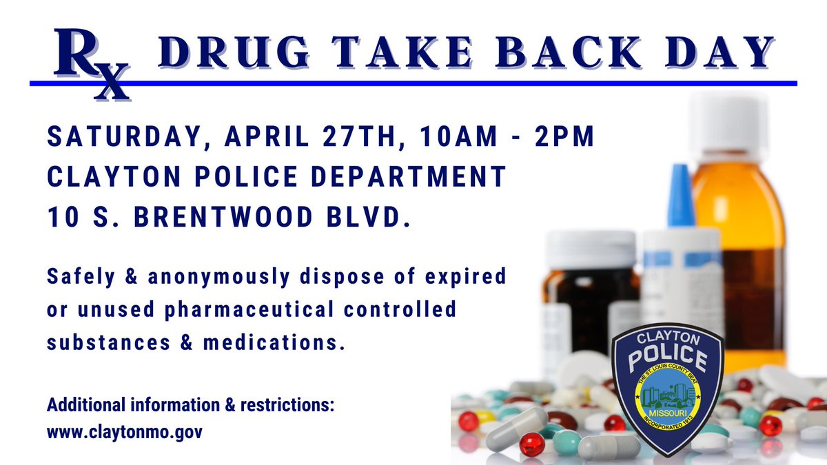 The CPD is partnering with the @DEASTLOUISDiv for #DEATakeBackDay this Saturday, April 27th. Officers will be on hand in the PD lobby from 10 a.m. - 2 p.m. to help you safely & anonymously dispose of your expired, unused &/or unwanted prescription medications. 1/2