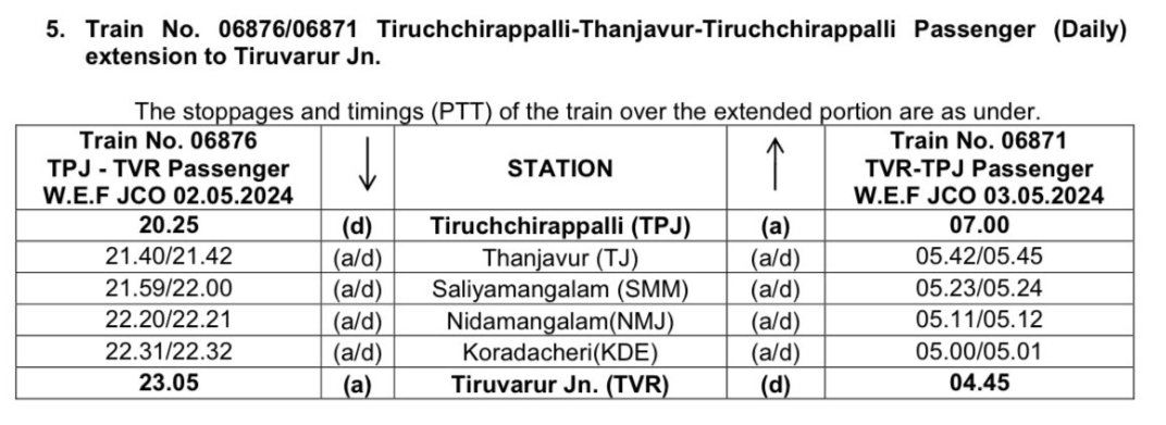 Thiruvarur Folks

The much waited day time connection to south TN is provided with today's train announcement for TVR

The timing of the mrng train from Tiruvarur is aligned as a connection for Trichy Trivandram Intercity express in both directions (22627 & 22628)