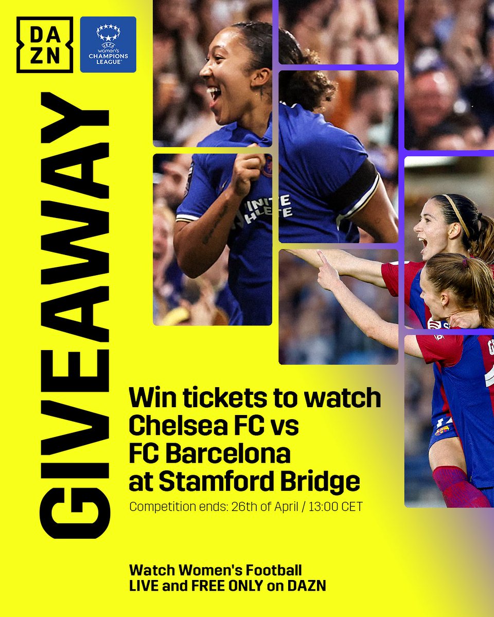 🚨 𝐆𝐈𝐕𝐄𝐀𝐖𝐀𝐘 🚨 🎫 WIN tickets and watch the UWCL Semi Final leg 2 between Chelsea FC Women vs FC Barcelona live at Stamford Bridge 👕 All you have to do: • Follow @daznfootball & @daznwfootball • Register on dazn.com/womensfootball for FREE • Tag 2 friends. Winner
