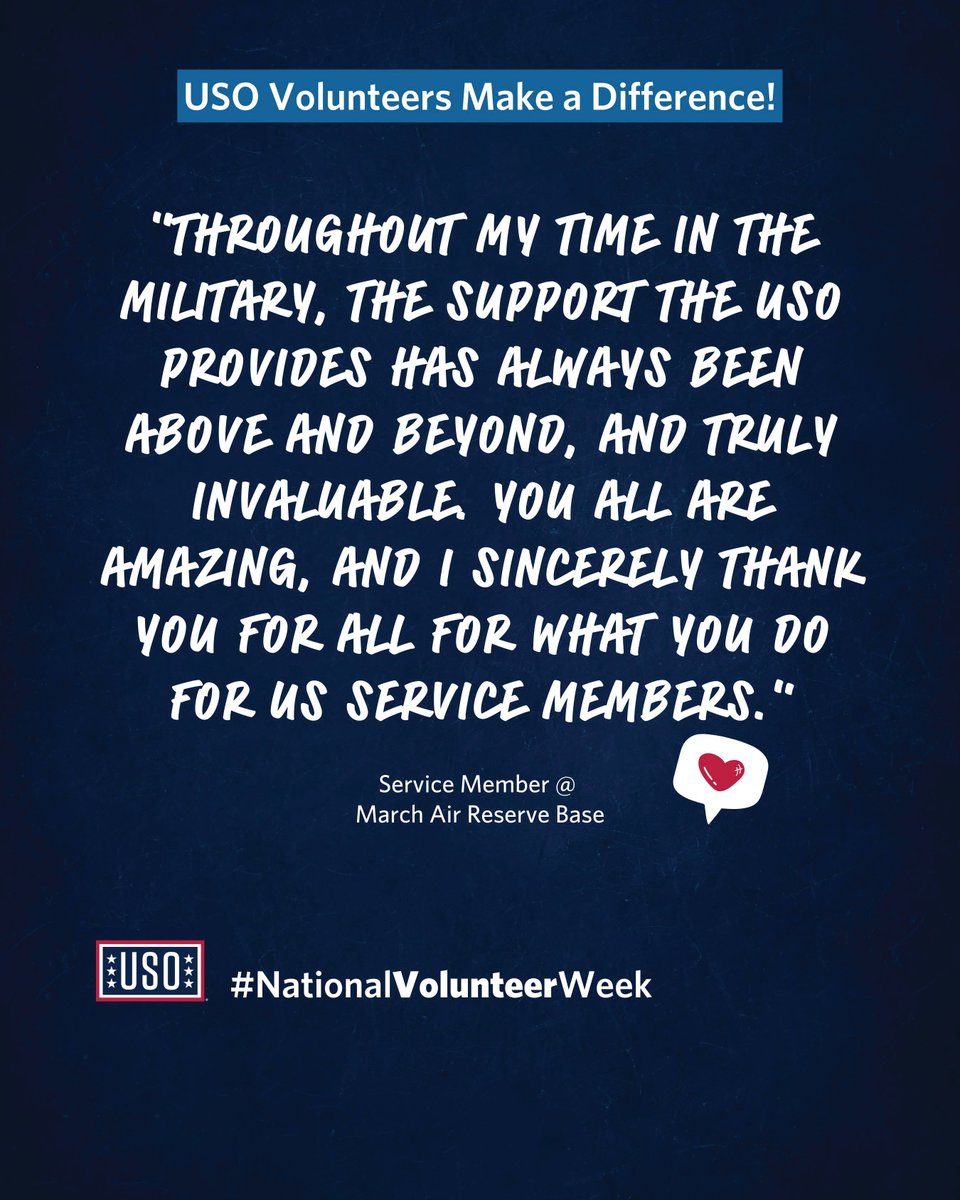 Our volunteers make a lasting impact! Have you thought about becoming a USO volunteer? Find out how at USO.org/volunteer #theUSO #NVW #NationalVolunteerWeek