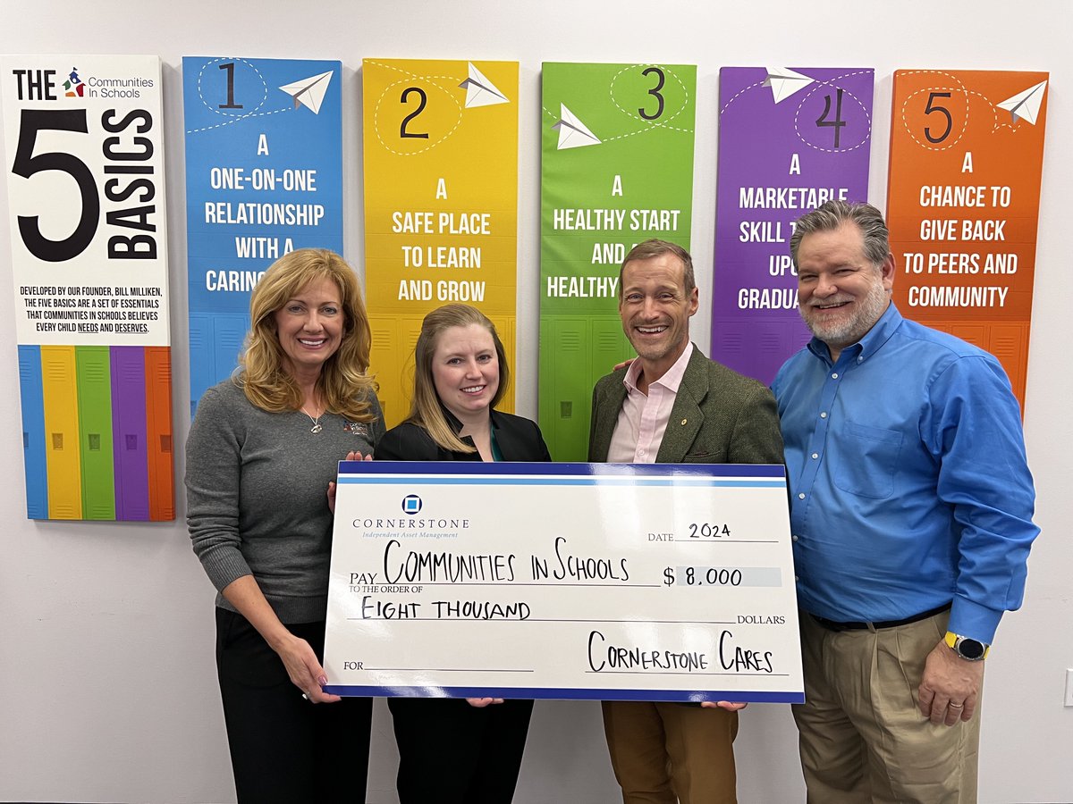 A heartfelt thanks to Cornerstone Advisors Asset Management for their support & generosity which fuels our mission & allows us to make a real difference in the lives of students 💙

We're creating positive change in our community, together 🌎 #AllInForKids