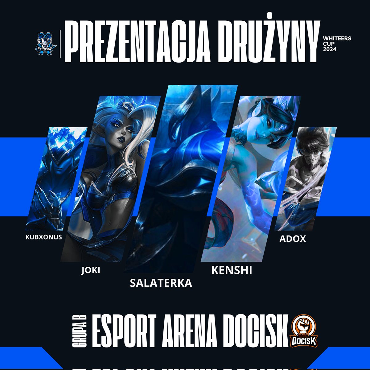 Whiteers Cup (@whiteerscup) on Twitter photo Ósma drużyna przed nami!
Powitajcie @dociskacze ESPORT ARENA
"Główny skład docisku, zbudowany z najbliższych nam graczy, którzy są u nas od dłuższego czasu. Wszystko będzie się opierać na nich"
Top: <a href="/kubixxonus/">Kubxonus</a>
Jg: @jekkofw
Mid: <a href="/Salaterka_/">Sal Terrae</a>
Adc: <a href="/TCG_Kenshi/">Kenshi</a>
Supp: <a href="/Adox_lol/">Adam "Ãdôx" Dobrodziej</a> Ósma drużyna przed nami!
Powitajcie @dociskacze ESPORT ARENA
"Główny skład docisku, zbudowany z najbliższych nam graczy, którzy są u nas od dłuższego czasu. Wszystko będzie się opierać na nich"
Top: <a href="/kubixxonus/">Kubxonus</a>
Jg: @jekkofw
Mid: <a href="/Salaterka_/">Sal Terrae</a>
Adc: <a href="/TCG_Kenshi/">Kenshi</a>
Supp: <a href="/Adox_lol/">Adam "Ãdôx" Dobrodziej</a>