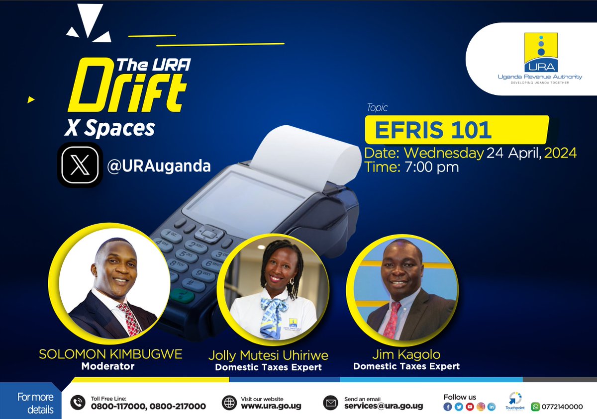 WE ARE LIVE! Join the space to learn a thing or two about the Electronic Fiscal Receipting and Invoicing Solution (EFRIS). #URADRIFTXSpace #KakasaWithEFRIS #FfeBanno