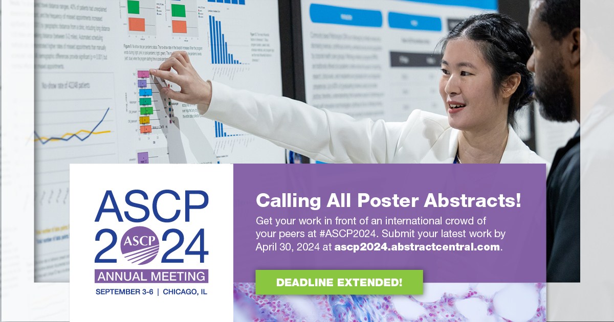 Don’t miss your chance to submit your poster abstracts! Right now, submit your work for a chance to present at #ASCP2024 in Chicago this September. Submissions close on April 30: bit.ly/3vbewxz