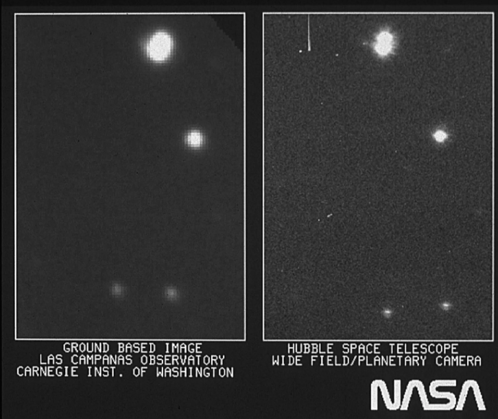 TELUS_Spark's tweet photo. 34 years of #NASA'S #HubbleSpaceTelescope! 💫 
The Hubble's first-ever #cosmic photo was the binary #starHD96755, about 1,300 #lightyears away! (Right)
To prove it's superior skills, @NASA paired it with a ground-based #telescope photo of the same #star. (left) ✨ 
#Sparkscience https://t.co/dEho61jspe