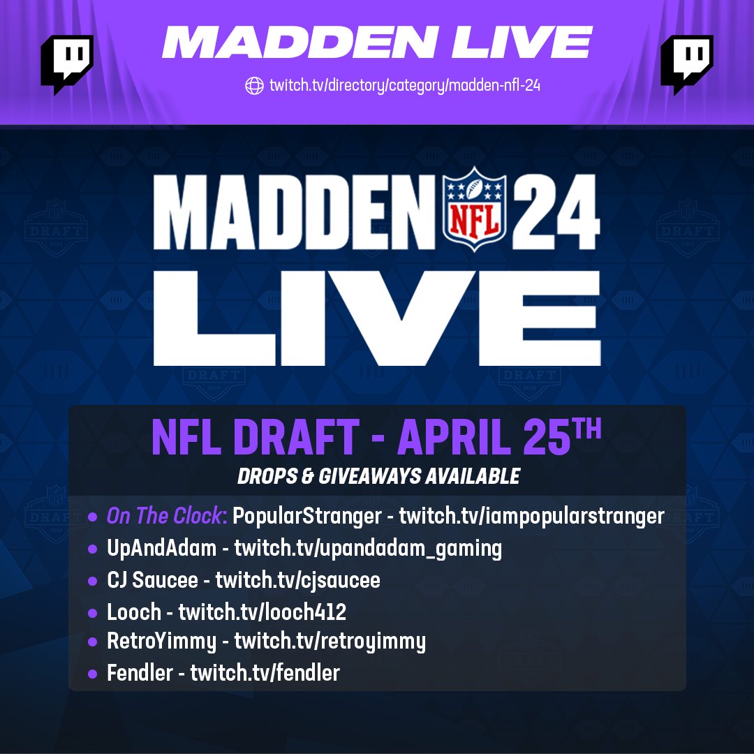 Tune in to the following creators during the #NFLDraft to earn drops & a chance at winning #Madden24 giveaways 🎁