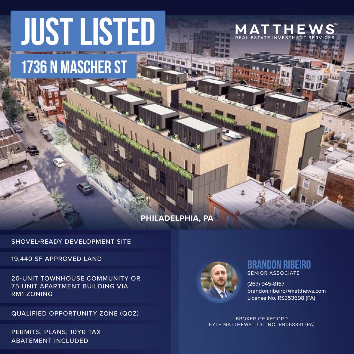 Shovel-ready development site | Just Listed! ⭐️ For more information, please contact Brandon Ribeiro 📲 #Matthews #CRE #RealEstate #JustListed #Multifamily #PhiladelphiaRealEstate