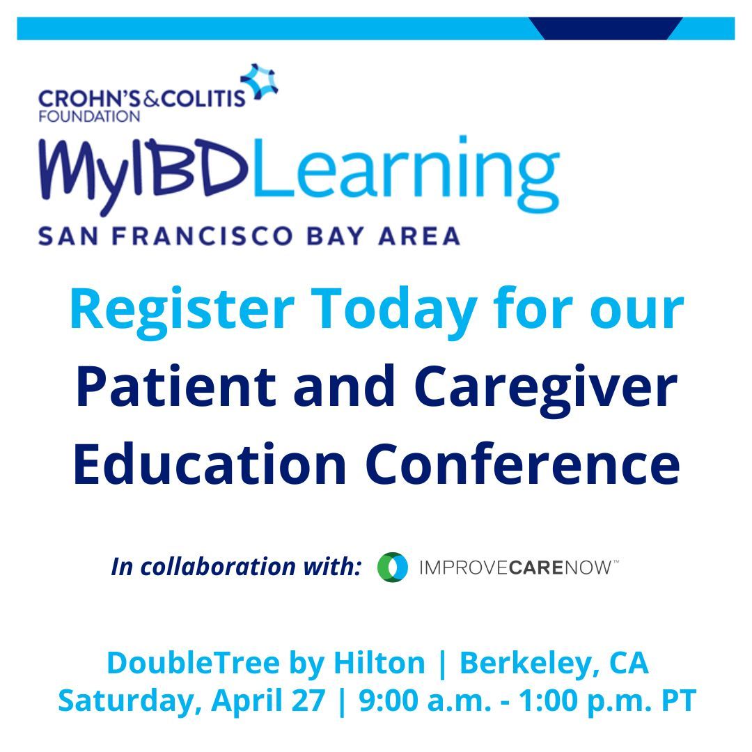 Calling all IBD patients & caregivers in the San Francisco Bay Area - there's a #MyIBDLearning event happening on April 27. Details 🔗 improvecarenow.org/myibd_learning… 💚 💙 @ImproveCareNow @CrohnsColitisFn #Collaboration #BetterTogether #IBD #Learning #Event #RegisterNow