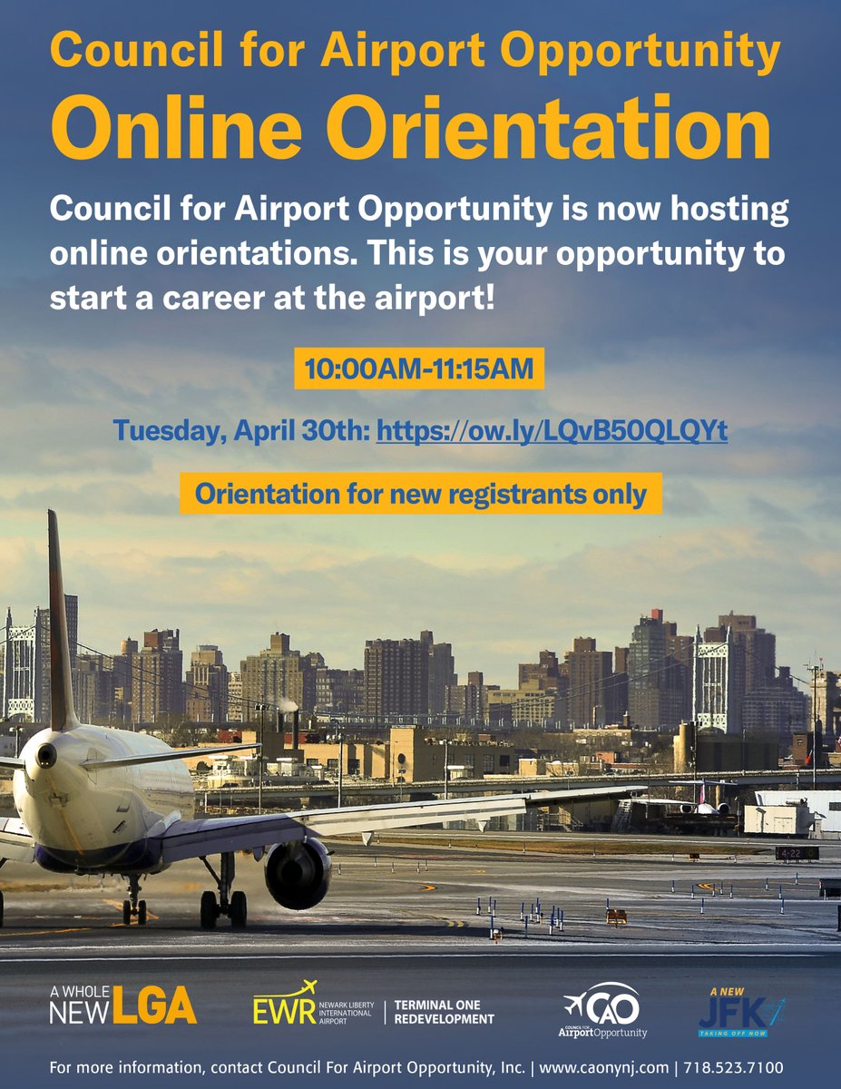 RSVP to CAO's next available Online Orientation to learn how to start your career at JFK, LGA, & EWR Airport! Reserve your spot today!

Tuesday, April 30th: ow.ly/LQvB50QLQYt

#airline #aviation #airport #airplane #job #wkdev #LGAJobs #JFKJobs #EWRJobs