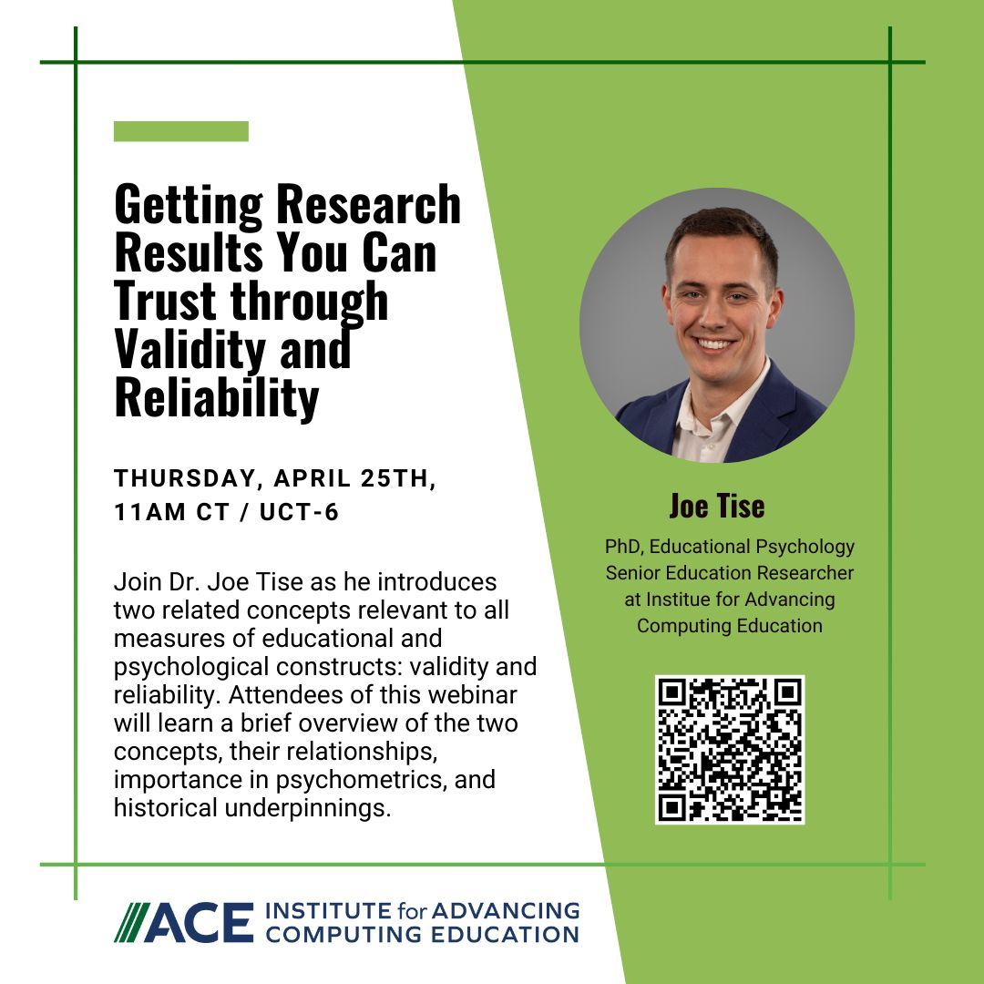 The first webinar in our upcoming series on reliability and validity is tomorrow! Make sure you are registered using the link below. buff.ly/4aC3Tn4 #webinar #CSeducation #CSEdResearch