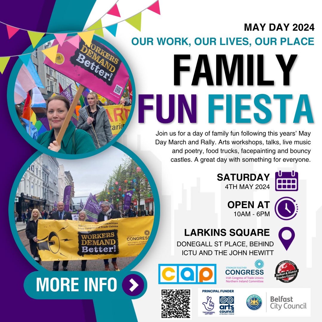 ‼️📢 MAY DAY EVENT 📢‼️ Following this years May Day rally & parade we will be having a family fun day; with music, poetry, food, arts workshops, bouncy castles and craic. Located in “Larkins Square” behind ICTU access beside John Hewitt on Donegall St. Everyone Welcome! 🎸🌮🥤