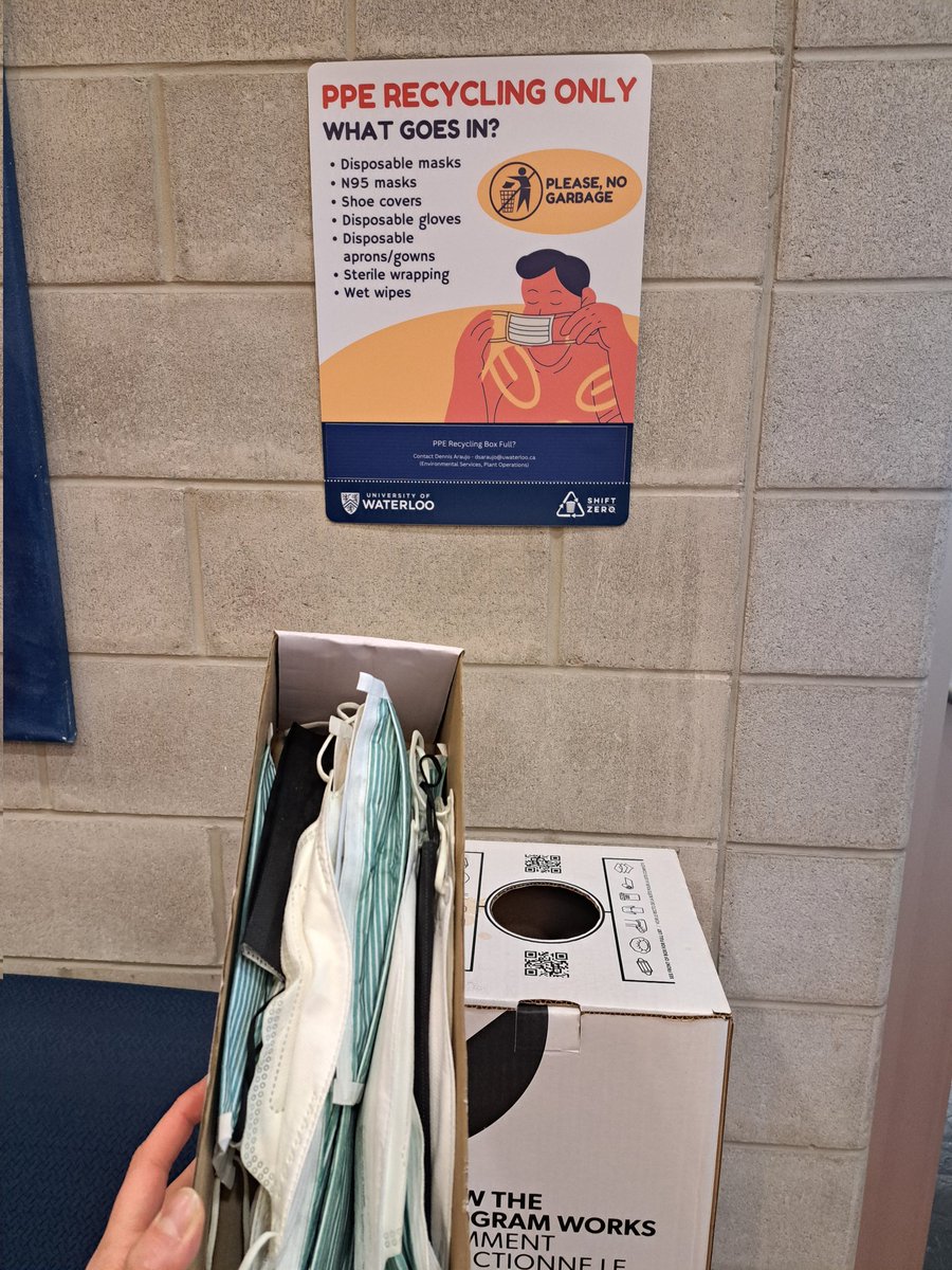 Did you know there is a program with plant operations to recycle PPE on the UWaterloo campus? This box is located inside the Manulife Wellness Centre in AHS. #GreenLabsEarthWeek
