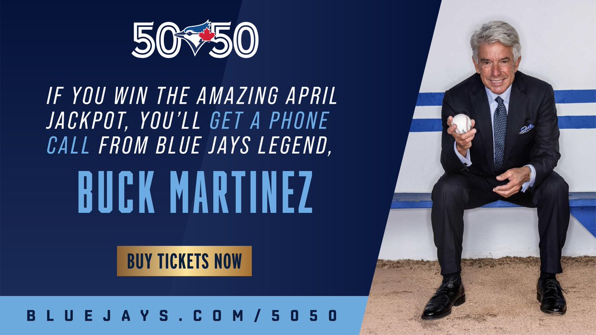 The call of a lifetime! 🤩 The Amazing April Jackpot is now over $1.5 MILLION, and our lucky winner will receive a phone call from the one and only Buck Martinez. This is one you won't want to miss @BlueJays fans! 🎟 bluejays.com/5050
