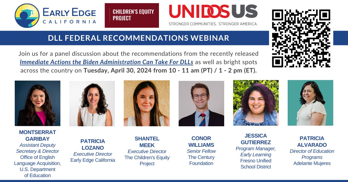 ChildrensEquity's tweet photo. 📌 Save-the-date! Join us alongside @weareunidosus & @earlyedgeca for a panel discussion about our new set of federal policy recs to #SupportDLLs now as well as the bright spots across the country on Tuesday, 4/30 at 10 AM PT.
Reserve your spot now: https://t.co/wymM8FRecs #DLL https://t.co/GuB1U84bf2