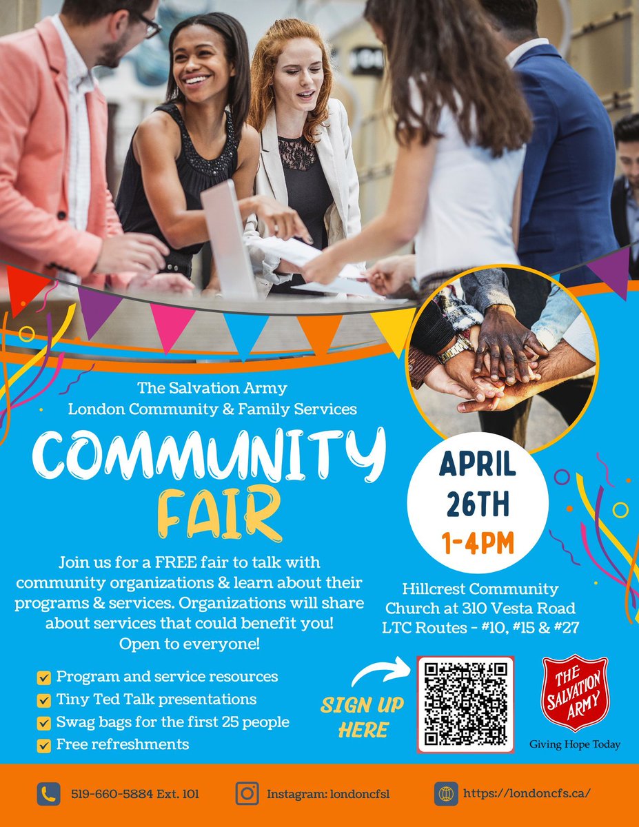 Our community partner Salvation Army London Community and Family Services are hosting a Community Fair April 26th from 1pm-4pm at Hillcrest Community Church (310 Vesta Road). Admission is free! #CommunityFair #Ldnont #SalvationArmy