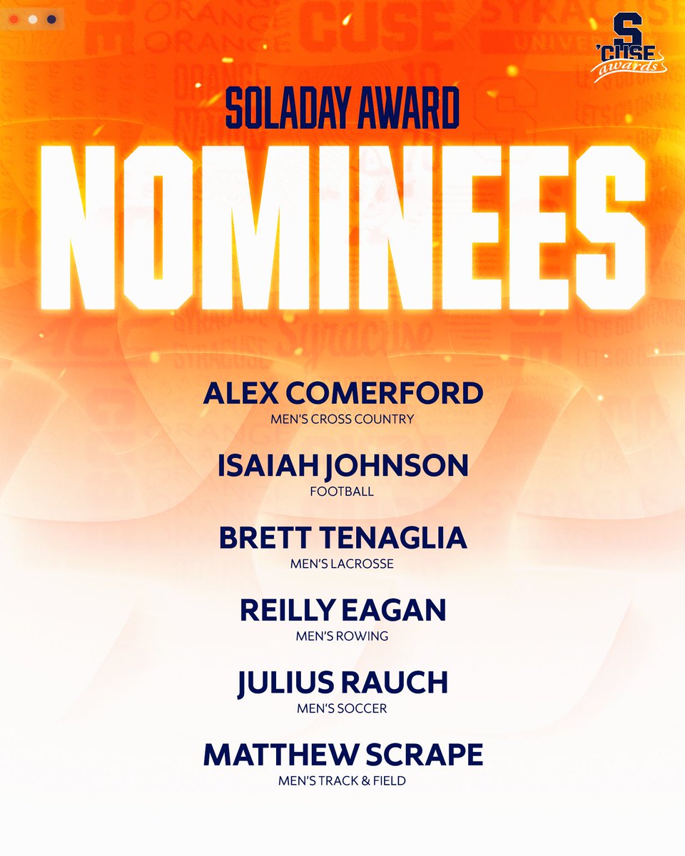 Cuse's tweet photo. Congrats to the nominees for the men's and women's Soladay Awards that will be handed out on April 30 at the 18th Annual 'Cuse Awards!

More on the Soladay Award: https://t.co/OHZqwNFqYr https://t.co/3VYxkvLm6H