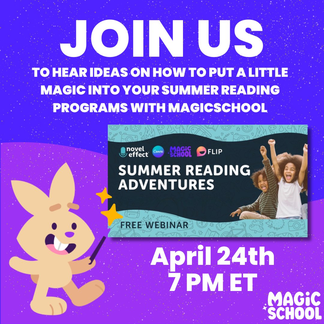 See ideas on how to add a little magic 🪄 to your summer reading adventures by joining Novel Effect, Canva, Flip and MagicSchool for this FREE webinar! ✨💜 🌞 Join us today at 7PM ET streamyard.com/watch/SVNgaGeu… #MagicSchoolai #teachersaremagic