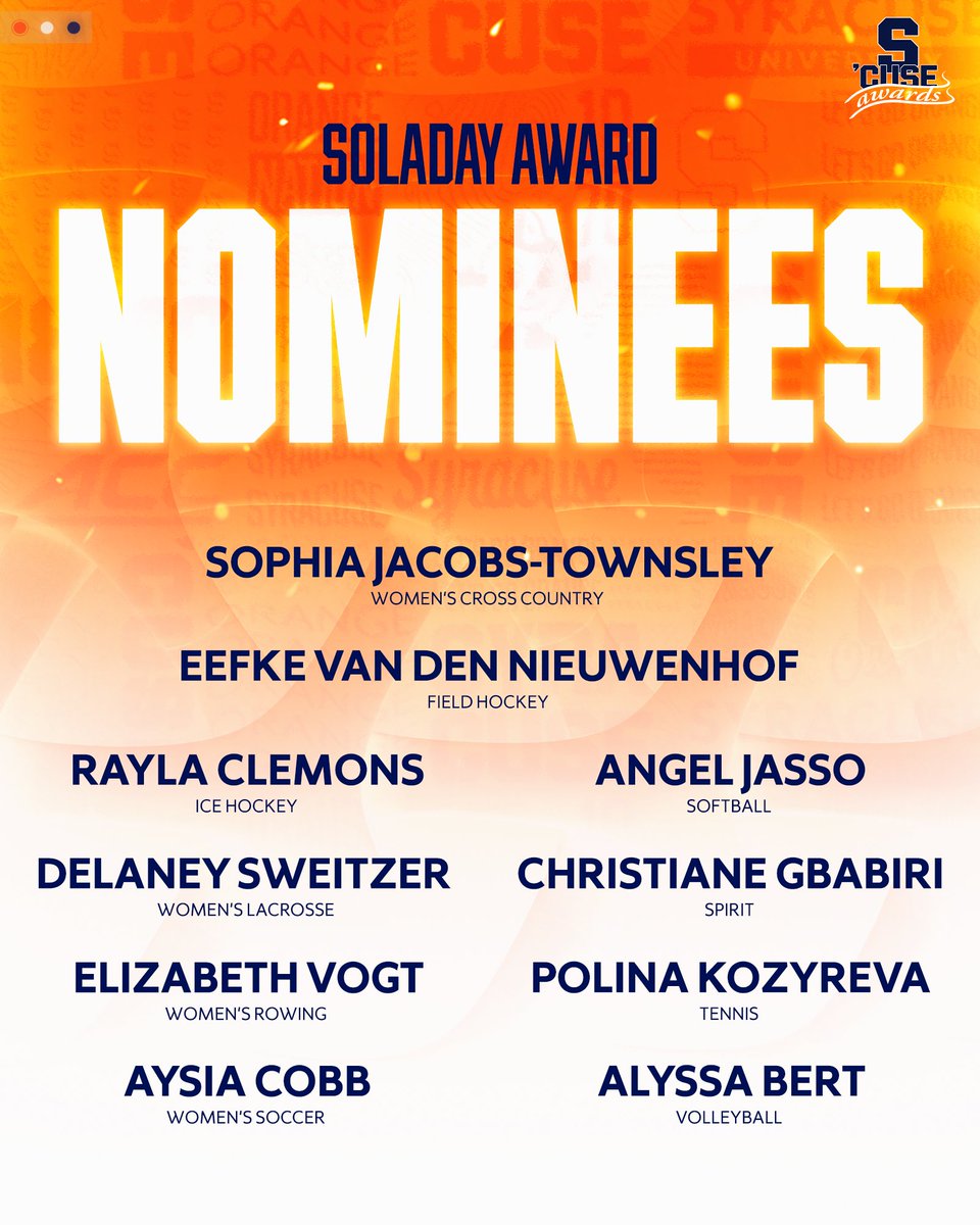 Cuse's tweet photo. Congrats to the nominees for the men's and women's Soladay Awards that will be handed out on April 30 at the 18th Annual 'Cuse Awards!

More on the Soladay Award: https://t.co/OHZqwNFqYr https://t.co/3VYxkvLm6H
