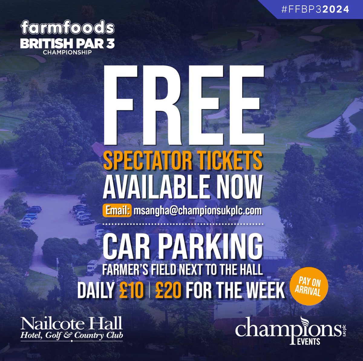 BritishPar3's tweet photo. We are delighted to let you know that spectator tickets are FREE again this year!🤩

The farmers field located right next to the venue will be in use again for this year’s competition - £10 for the day or £20 for the week🗓️

Please contact Monica to get your tickets!🎟️ https://t.co/vhEaxbxiHX