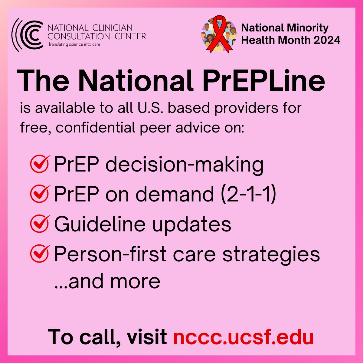 Providers, you don’t need to feel pensive about pre-exposure prophylaxis (PrEP). Call the National PrEPLine for free, peer-to-peer advice from fellow clinicians to strengthen your HIV prevention knowledge: (nccc.ucsf.edu) #NationalMinorityHealthMonth #EndHIVEpidemic