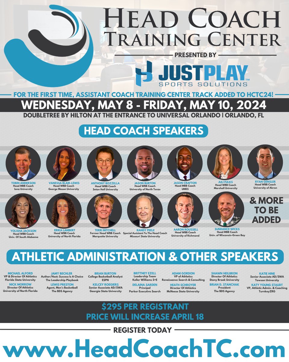 🚨Two Weeks Away🚨

Career development for 🏀 coaches!

Resume Materials * Interviewing * Contract Negotiations * 1st 30 Days * Culture Building * Staff Hiring & Management * Much More!

#HCTC24 #ACTC24
📆May 8-10
☀️Orlando, FL
Register Now: buff.ly/3u74PQh