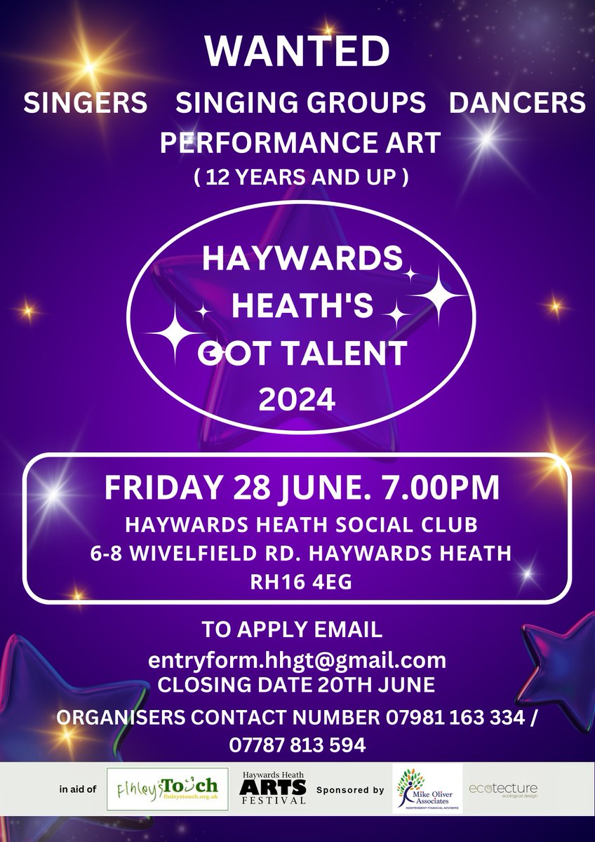 Haywards Heath's Got Talent is coming! 7pm on Friday 28th June, 2024! Taking place at Haywards Heath Social Club, 6-8 Wivelsfield Road, Haywards Heath, RH16 4EG To apply email: entryform.hhgt@gmail.com Closing date June 20th Organisers contact number: 07787 813594
