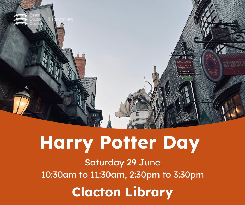 Calling all Harry Potter enthusiasts 🤩🖌️ Join us for a magical Harry Potter Day, filled with crafts, trails and activities at Clacton Library on Saturday 29 June. Booking is needed for crafts. Tickets cost £5 plus booking fee. library-events.essex.gov.uk/event?id=121322