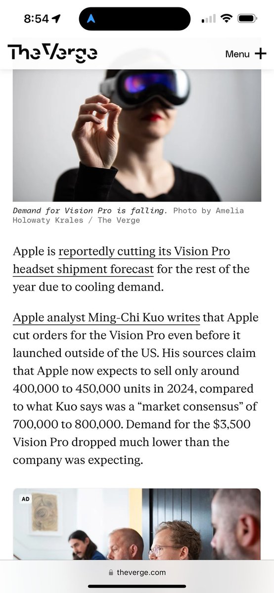 Fast Company in Feb: Apple expects to sell 400k Apple Vision Pros 

Verge today: Apple cuts targets on big miss!! to ... 400k units

#AppleVisionPro