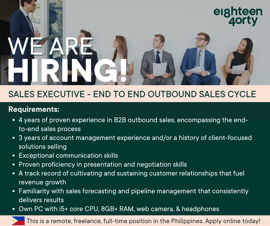 We are seeking a dedicated, result-driven Sales Executive based in the Philippines, focusing on B2B outbound sales, encompassing the end-to-end sales process.

Learn more and apply here 👉 bit.ly/47JkV07 

#SalesExecutive #B2B #Remotework #Freelancer #Philippines