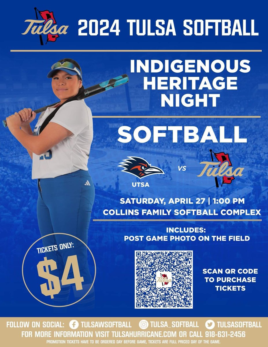 Tulsa Softball celebrates 𝙄𝙣𝙙𝙞𝙜𝙚𝙣𝙤𝙪𝙨 𝙃𝙚𝙧𝙞𝙩𝙖𝙜𝙚 𝙉𝙞𝙜𝙝𝙩 during their game on Saturday, April 27! 🥎

Come support Mvskoke/Euchee athlete Kailyn Bearpaw!

Tickets are only $4 and can be purchased by scanning the QR code.
#NativeAthlete #Euchee #Mvskoke