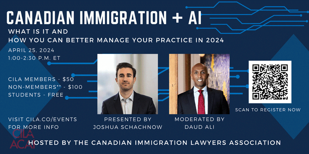 Tomorrow, <a href="/daudali_/">Daud Ali</a> will be moderating the Canadian Immigration Law Association's feature workshop on Artificial Intelligence and how it is being used in the practice of law. Registration is still open to CILA members and eligible non-members! 
zeffy.com/en-CA/ticketin…