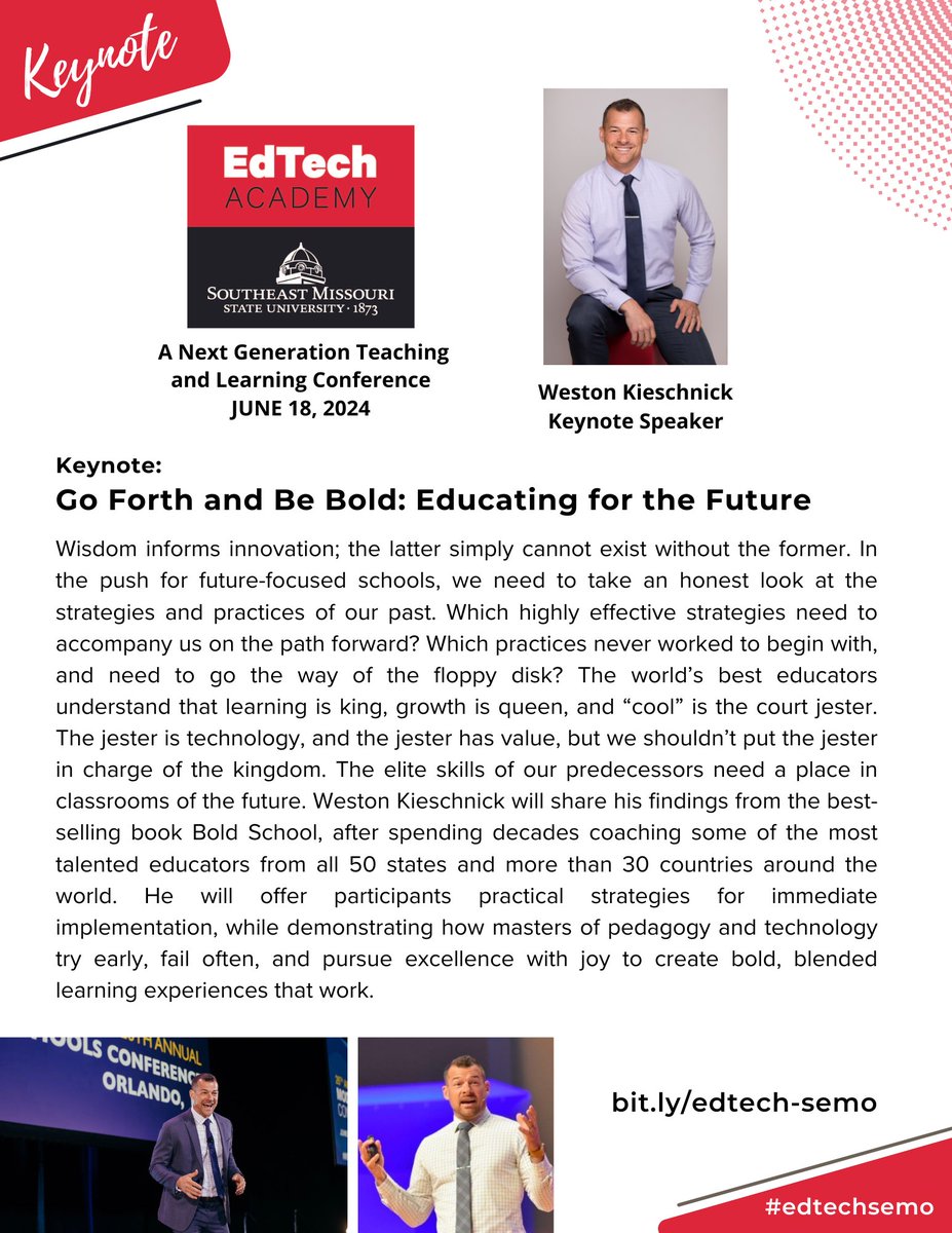 Join Weston Kieschnick for the opening keynote 'Go Forth and Be Bold: Educating for the Future' at #edtechsemo on June 18th! bit.ly/edtech-semo