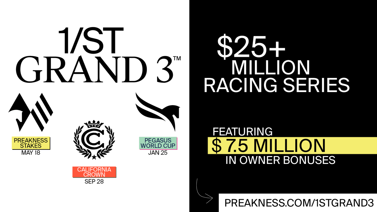 Introducing the 1/ST Grand 3! The new racing series from @1st_racing includes elevated purses for @PreaknessStakes, @TheCaliCrown & #PegasusWorldCup, a $7.5 million bonus opportunity for owners, & a $5 million Pick 'Em Challenge for fans. Learn more at Preakness.com/1STGrand3