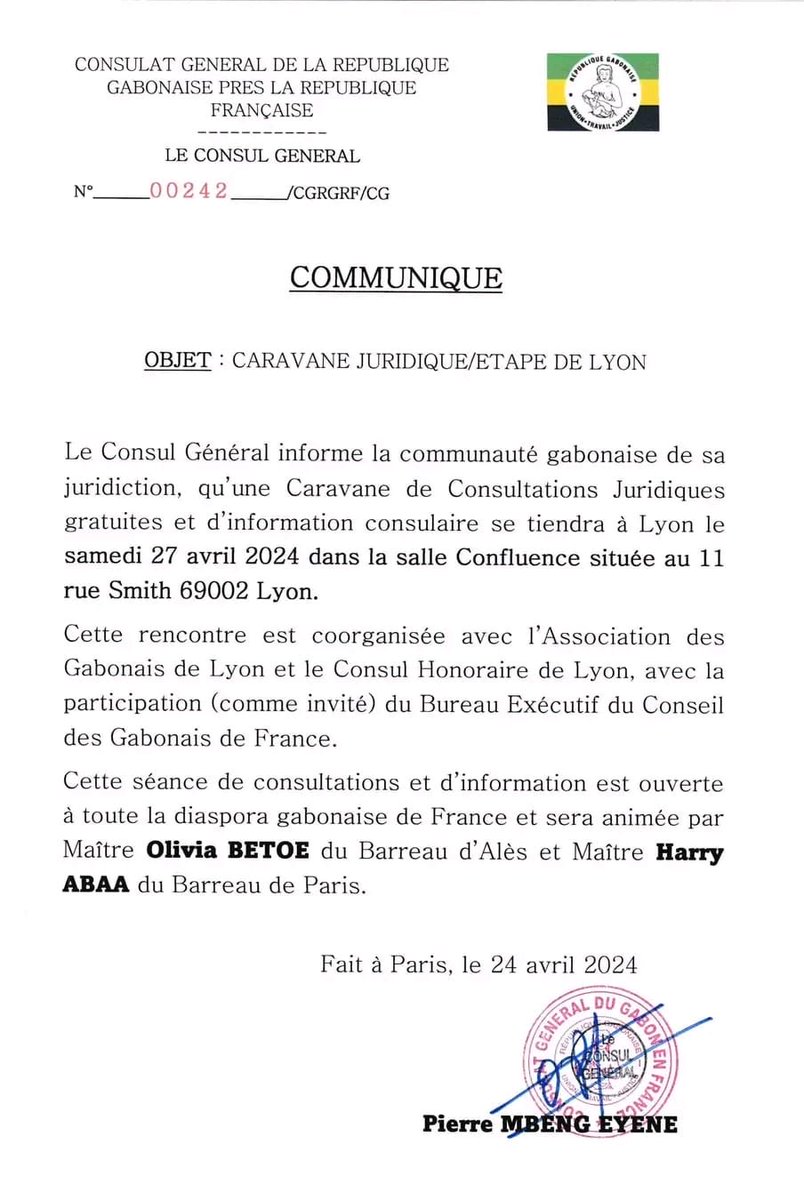 siruis_ga's tweet photo. Avis à la communauté Gabonaise de Lyon. La Caravane de consultations juridique et information consulaires mise en place par le Consulat du Gabon en France sera chez vous.  ⁦⁩ ⁦@Mbeng_Eyene⁩ ⁦@GaboninFrance⁩ ⁦@cgf_gabon⁩ ⁦@Sambaa241⁩ https://t.co/4zNFmpFusB