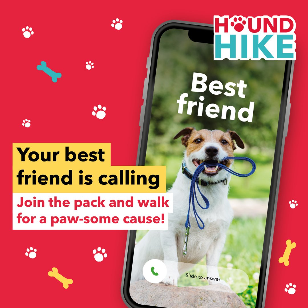 📞 Your best friend is calling, they need to tell you it's only a week until Hound Hike begins! Grab their lead and take on 100 miles or 100km at your own pace throughout May with your furry friends! Find out more about Hound Hike at aakss.org.uk/HoundHike