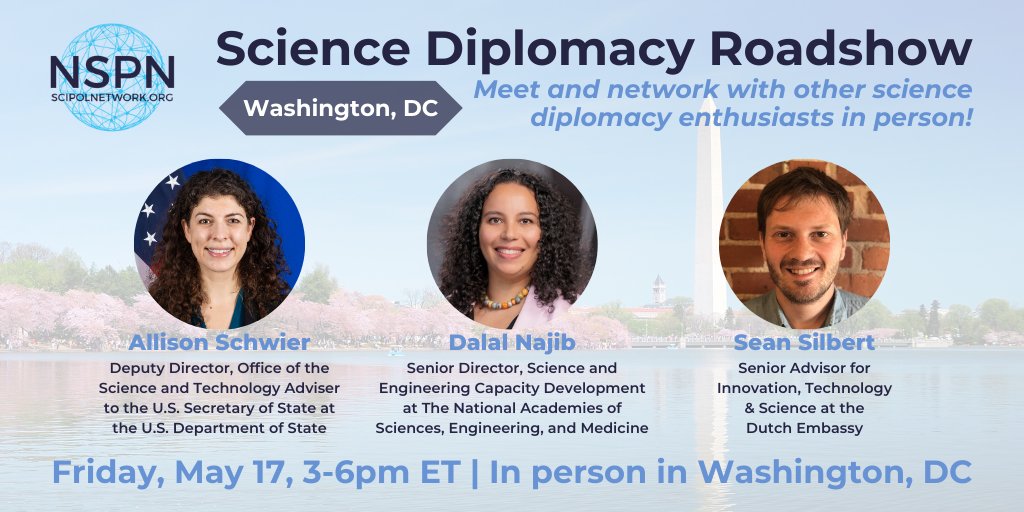 The #SciDip Roadshow is coming to Washington, DC! This event will feature expert science diplomats at the Meridian International Center, followed by a happy hour in the Adams Morgan neighborhood. Register to join us on Friday, May 17 from 3-6pm ET: ow.ly/Yxfz50RkkmN