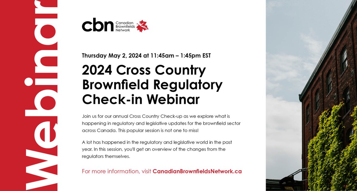 CdnBrownfields's tweet image. With just a few days left to register, don&apos;t miss the 2024 Cross Country Brownfield Regulatory Webinar on May 2nd! Stay up to date on the latest regulatory and legislative updates. Secure your spot now: canadianbrownfieldsnetwork.ca/e-registration…
Sponsored by @Geosyntec. #BrownfieldFirst