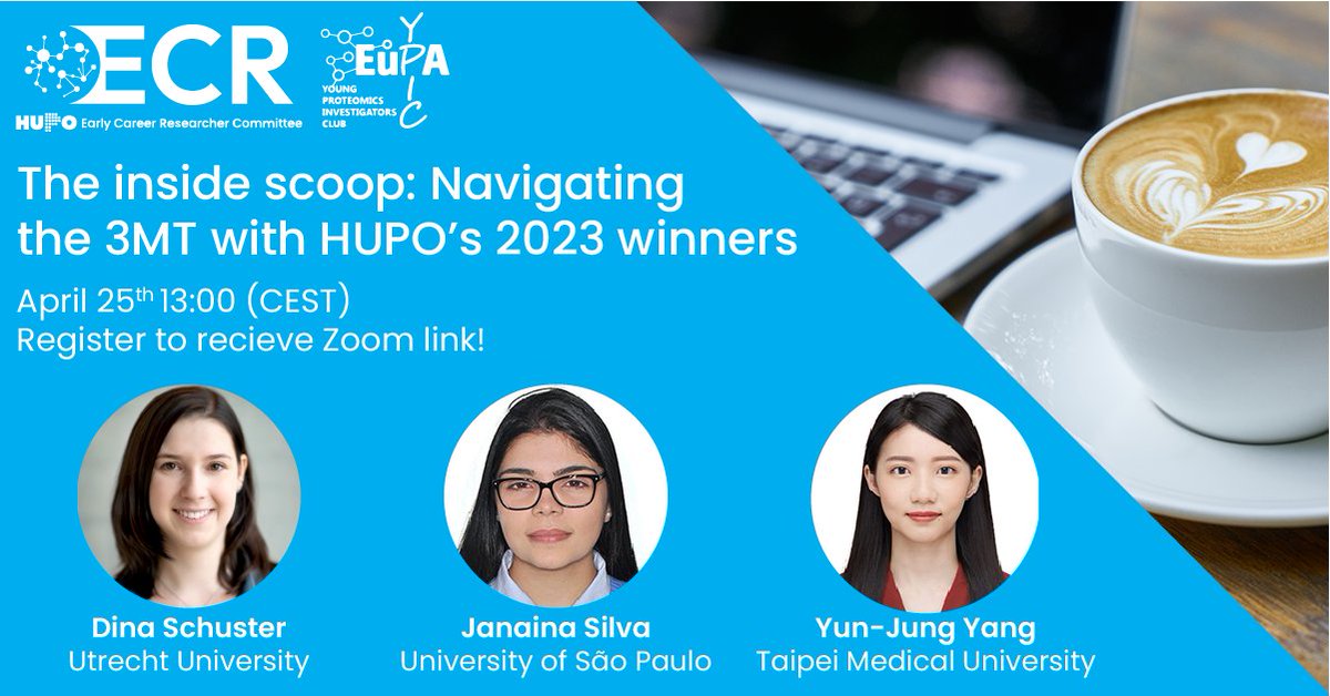 Happening TOMORROW! 👀 Join the #HUPOECR and @EU_YPIC on April 25 at 1PM CET to hear from the winners of the #HUPO2023 #3MT Competition, Dina Schuster, Janaina Silva & Yun-Jung Yang ⭐ Register for free: shorturl.at/RSVY1