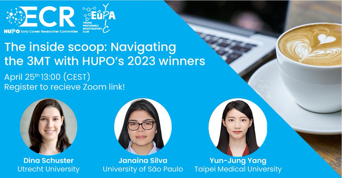 hupo_org's tweet photo. Happening TOMORROW! 👀 Join the #HUPOECR and @EU_YPIC on April 25 at 1PM CET to hear from the winners of the #HUPO2023 #3MT Competition, Dina Schuster, Janaina Silva &amp; Yun-Jung Yang ⭐ Register for free: https://t.co/Mmfh27LMW5 https://t.co/zBnGMZjyfA