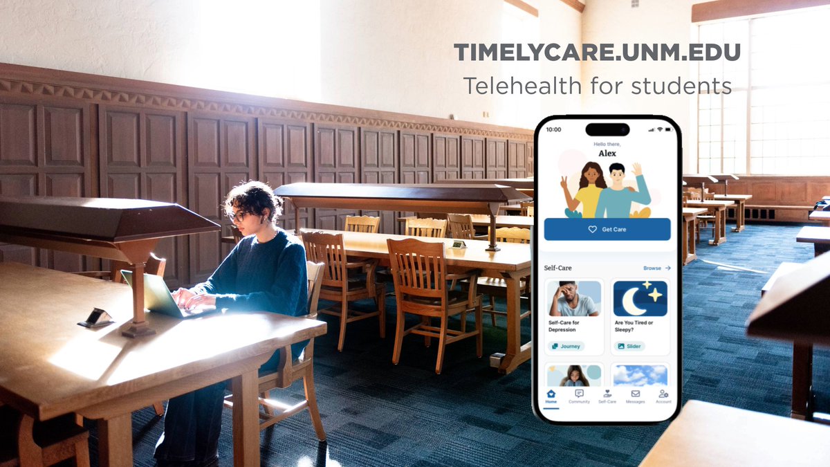 UNM students have FREE, 24/7 access to virtual care services with TimelyCare — a virtual health and well-being platform designed for college students. Students do not need insurance to access TimelyCare services. Learn more at: timelycare.unm.edu