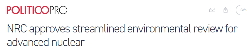 NRC approved a rule that would significantly streamline the environmental review process for new nuclear plants.  NRC staff has estimated that it could reduce the costs of environmental reviews by 20 percent to 45 percent.  Article links in reply.

The new process will allow the