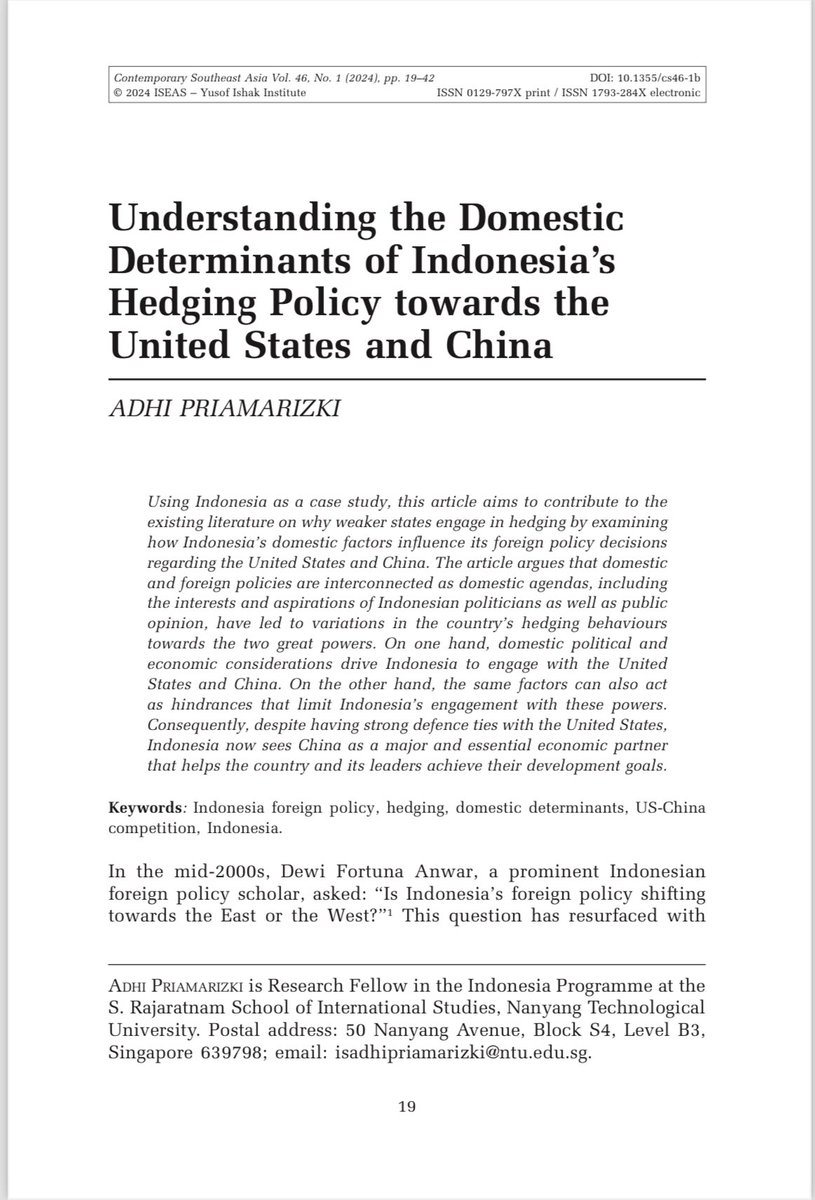 DOMESTIC DETERMINANTS OF INDONESIA’S HEDGING POLICY TOWARDS THE US AND CHINA This study explores how have domestic determinants shaped Indonesia’s hedging policy towards the US and China. It is an open access article: bookshop.iseas.edu.sg/publication/79…