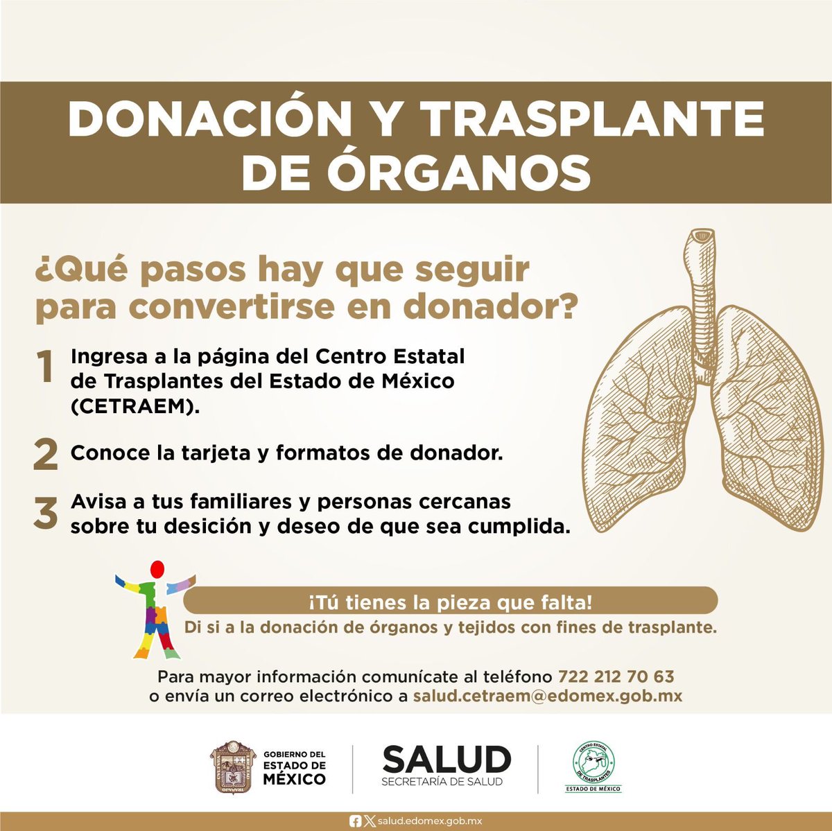 ¡La donación altruista de órganos puede salvar hasta 7 vidas! 
Conoce los requisitos y dale esperanza a pacientes que necesitan de un trasplante ingresando a: 
cetraem.edomex.gob.mx
#DonarÓrganosEsDonarVida
#Cetraem
@SaludEdomex