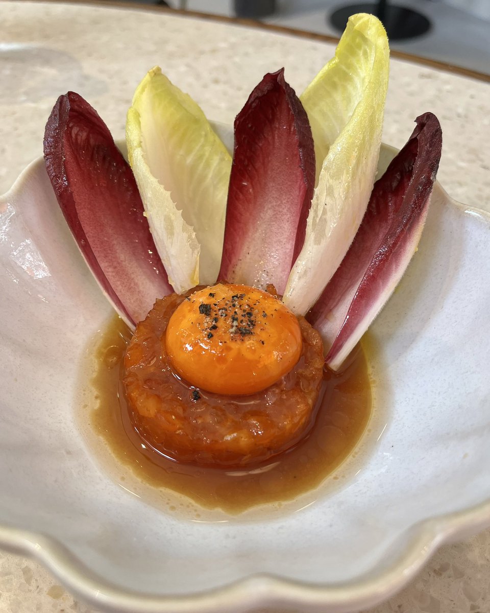 Trout Tartare , tomato ponzu , egg yolk , chicory @pearlyqueenshoreditch #foodie #food #eastlondon #tartare #trout #fish #commercialstreet #londonfood #dininglondon #toplondoneat #foodphotography #foodpics #foodtravelchat #foodlondoneats #pearlyqueenshoreditch