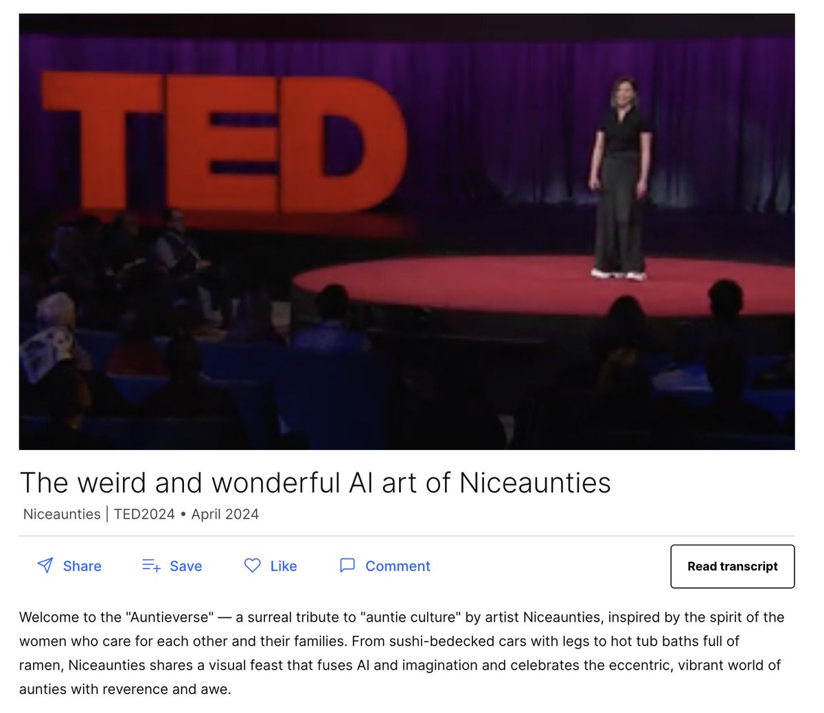 The @TEDTalks of @niceaunties was great

Instead of talking about tech behind the Auntiverse series, her story was about family, women freedom & fun - massive success!

Great learning for all of us: to captivate an audience, don't tell how you've done things, tell them WHY !
