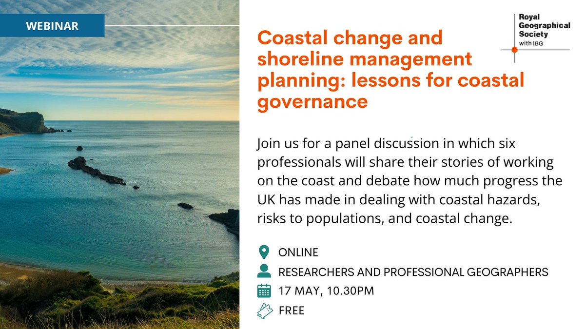 Join us for a webinar presented by RGS-IBG’s coastal and marine research group on coastal change & shoreline management planning: lessons for coastal governance. Also hear from experts on UK coastal hazards, risks to populations, and coastal change. 🌊 👉ow.ly/4aUI50RleAn
