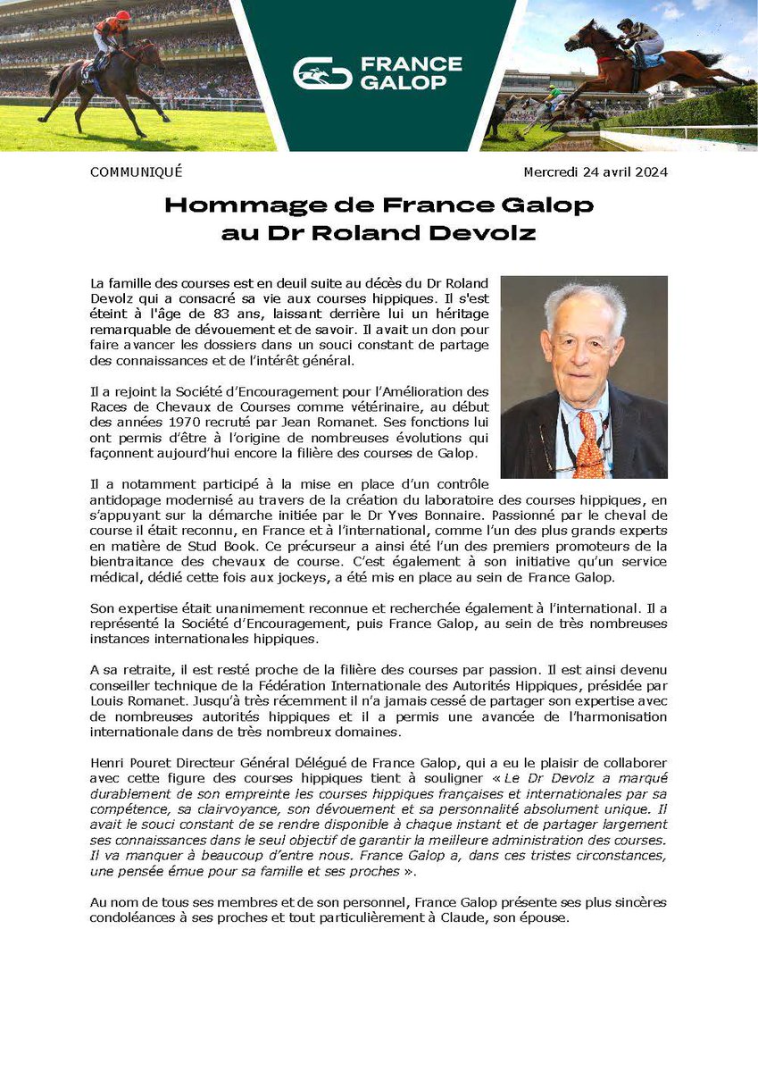 📣 Communiqué de presse : 
Hommage de France Galop au Dr Roland Devolz➡️ france-galop.com/fr/content/hom…